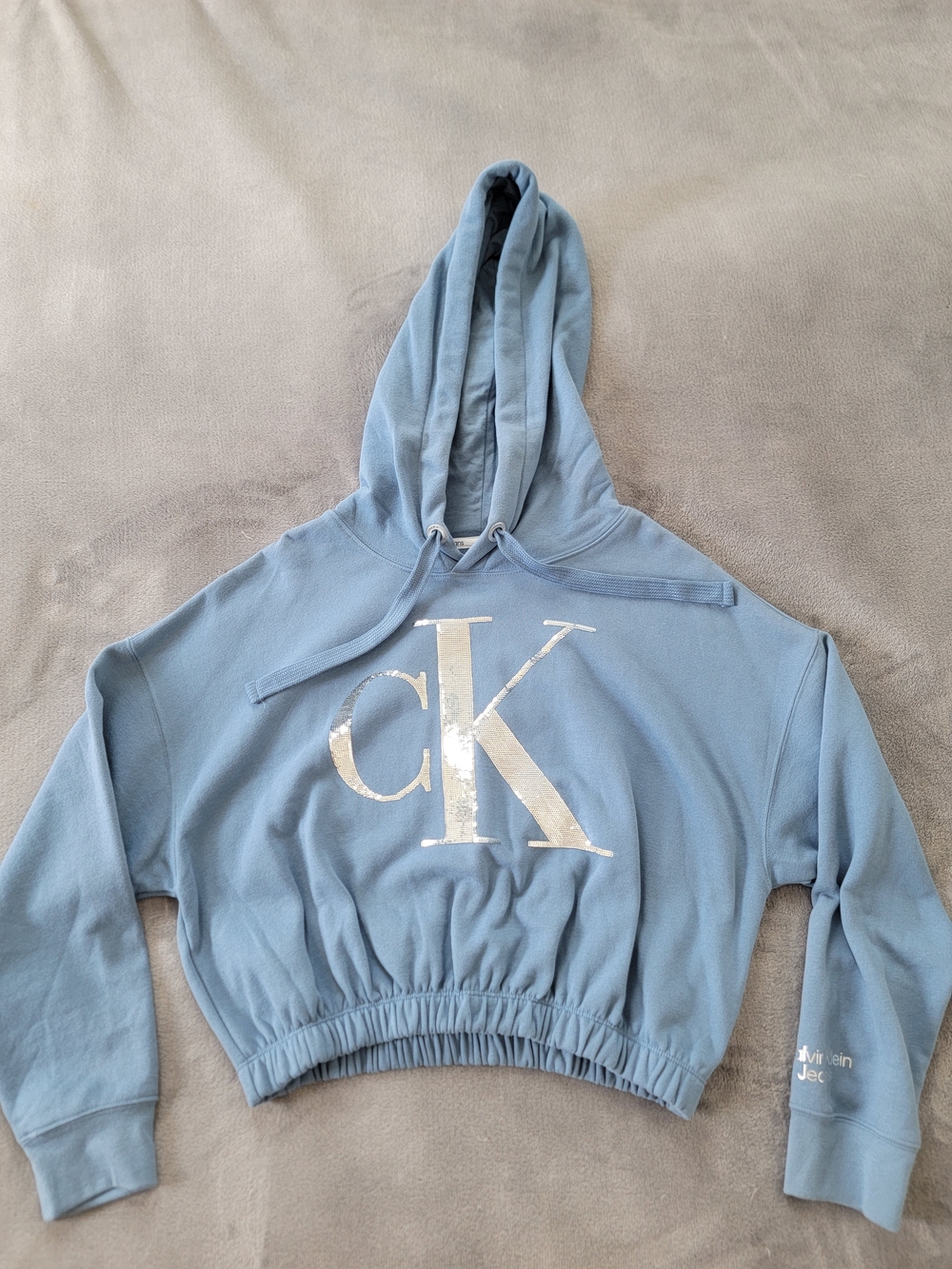 Calvin Klein Womens Cropped Sequin Logo Hoodie Blue Med